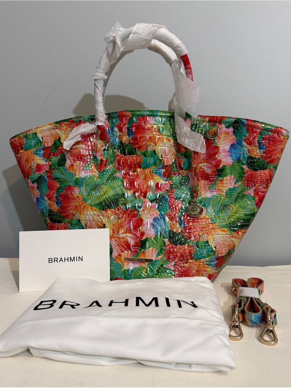 Brahmin Mira Taffy Melbourne Tote Bag Floral Leather Dust Bag NWT